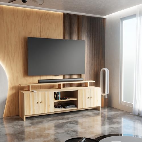 Image of Modern TV Unit for Living Room | Wooden TV Cabinet with Open Shelf & Storage | Entertainment Unit | Assembly-DIY | Color-Asian Light