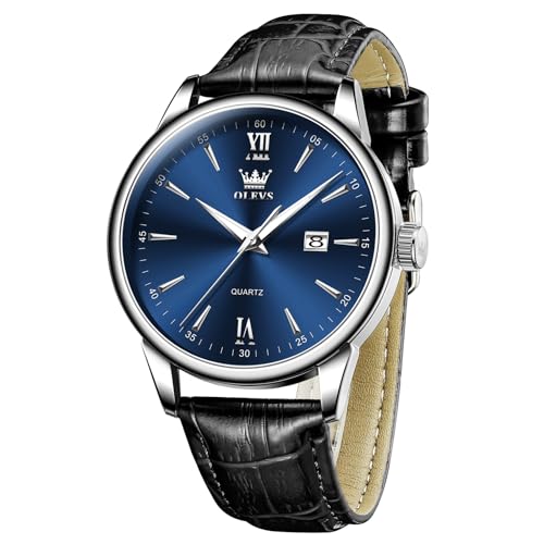 OLEVS Watches for Mens Classy Black Leather Band and Blue Face Watches Men Work Casual Lightweight Water Resistant Everyday Men Dress Watch Round Easy to Read Inexpensive Mens Calendar Watch