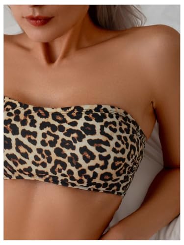 MakeMeChic Women's 2 Piece Bikini Sets Leopard Print Bandeau Wireless Bathing Suit High Waist Strapless Swimsuit3