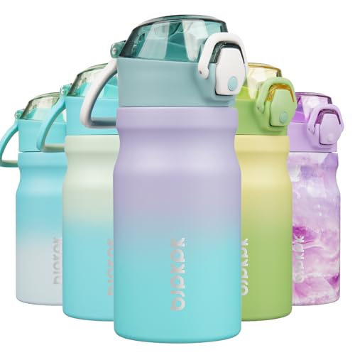 Image of BJPKPK 14 oz Insulated Water Bottle, Straw, Handle, Stainless Steel Flask | Leak Proof Locking Lid, Double Wall Vacuum, Keeps Hot /Cold, BPA Free, Dishwasher Safe, Travel & Sports, Lavender Green