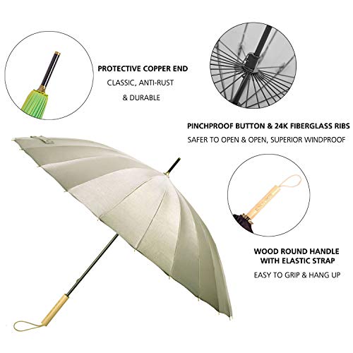 Kung Fu Smith 47 Inch Wood Handle Long Stick Umbrella with 24 Ribs, Reflective UV Protection Umbrella for Women and Girls, Durable and Strong for Wind and Rain - Ultra Lightweight