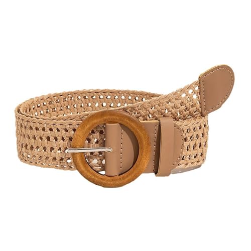 JIARY Cinturón Elástico Trenzado para Mujer Cinturón Bohemio Tejido De Paja con Hebilla De Madera, Cinturones De Mujer Anchos para Vestido De Verano, Falda Corta,Caqui,110CM/43.3''