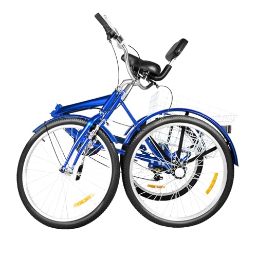 PurpleMinder Triciclo plegable de 24 pulgadas para adultos, 7 velocidades, 3 ruedas, bicicleta para adultos, triciclo portátil, plegable, triciclo con respaldo luz delantera (azul)