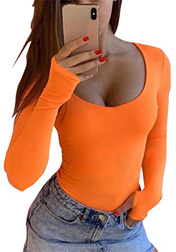 GEMBERA Women's Scoop Neck Long Sleeve Neon Bodysuit Leotard Fall Body Suit Orange S