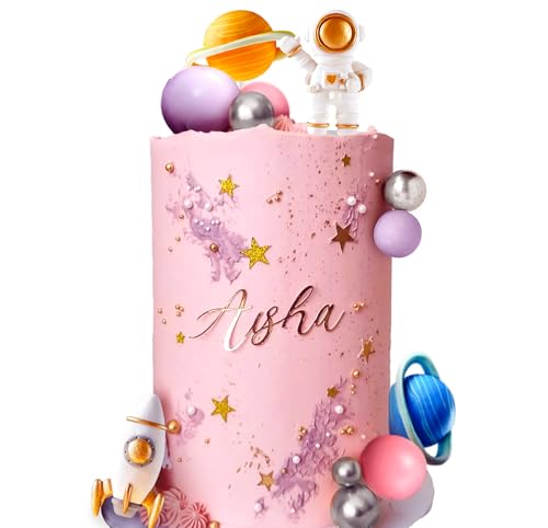 LaVenty Pink Space Cake Toppers Outer Space Astronaut Rocket Stars Cake Decorations for Birthday Party Supplies Baby Shower