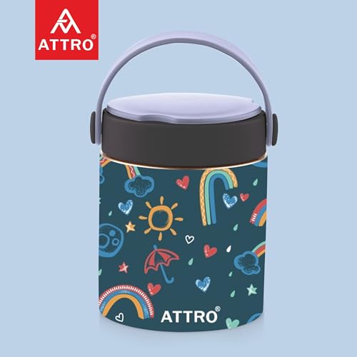Image of ATTRO Happy Go Vacuum Insulated ISI Certified Stainless Steel Soup Jar 500ml, Leakproof & BPA-Free for Kids & Adults, Long Temperature Retention,Ideal for School, Office & Travel-Rainbow Magic Blue