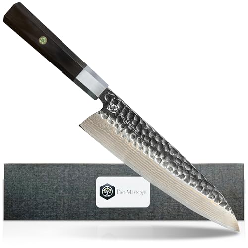Pure Mastery® Monaco Cuchillo de Chef 21 cm – Acero Damasco Japonés – Mango de Madera Ergonómico – Cuchillo de Cocina Premium y Universal