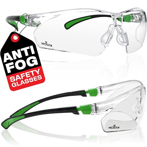 NoCry Clear Safety Glasses for Work with Anti Fog Scratch Resistant Wrap-Around Lenses and Non-Slip Grips, UV Protection. Adjustable Eye Protection Cycling and Squash Glasses with Black & Green Frames