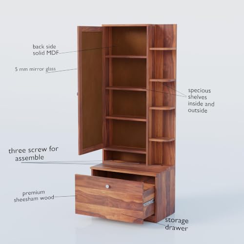 Image of Krishna Wood Decor Sheesham Wood Dressing Table with Mirror, 175 x 44 x 40 cm, Single Door, Storage Drawer, Brown (Honey Finish)