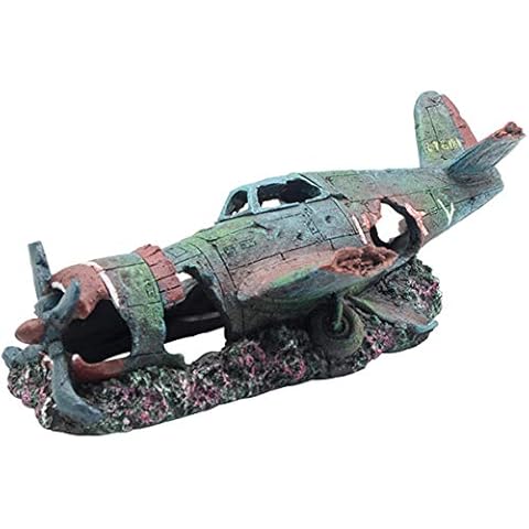 Fish Tank Decoration Fighter Vintage Airplane Ruins Submarine Landscape Fish Shrimp Shelter Cave Hideout Resin Aquarium Decor Turtle Tank Decoration Cover