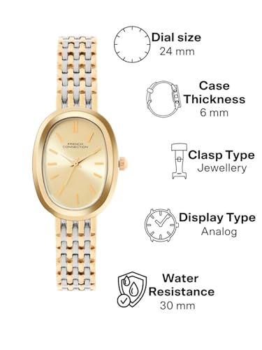 Image of French Connection Sunray Champagne Oval Dial with Gold Two Tone Stainless Steel Strap Watch for Womens - FCN0130TM