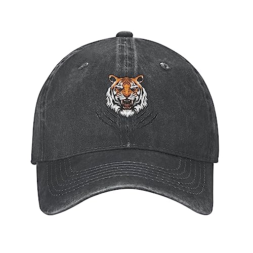 VunKo Tiger Head Distressed Adjustable Washed Denim Mens Dad Trucker Hat Baseball Ball Cap for Men, Tiger Head Black, One size