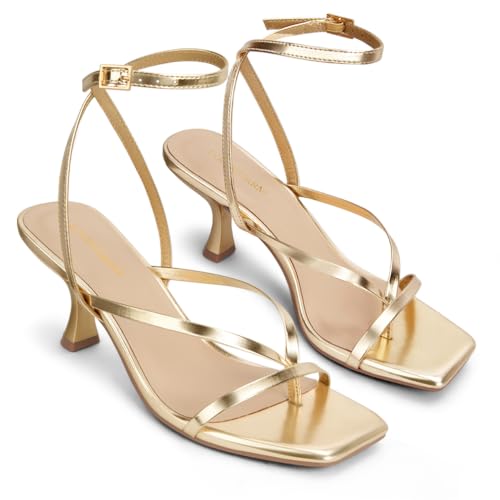 Image of Women's Kitten Heel Strappy Open Square Toe Thong Ankle Strap Heels for Wedding