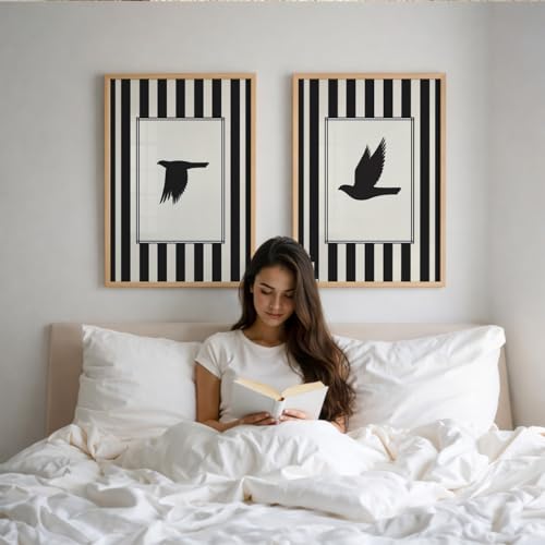 Image of Suneree Flying Birds Wall Art Set of 2 Framed Paintings | Black White Striped Minimal Bird Silhouette Poster | Living Room Bedroom Home Decor (Art 2, 13x19 Inches)