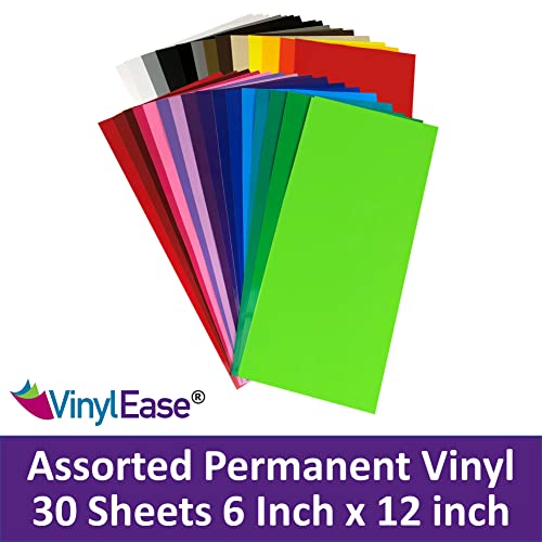 Vinyl Ease 30 Sheets 6" x 12" Assorted Colors Gloss Permanent Adhesive Vinyl for Cricut, Silhouette, Pazzles, Craft ROBO, QuicKutz, Craft Cutters, Die Cutters, Sign Plotters - V0001
