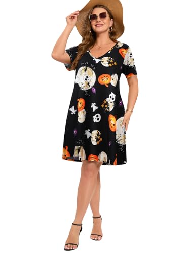 Image of ZENNILO Women's Plus Size Swing Dress with Pockets Casual Summer Dresses V Neck Short Sleeve T Shirt Dress for Women