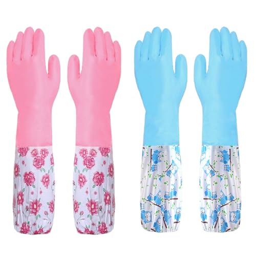 YSDYY 2 Pairs Of Cleaning Long Gloves, Printed Cleaning Gloves, Plush Velvet Waterproof Dishwashing Gloves, Reusable Gloves, Kitchen Housework Rubber Gloves