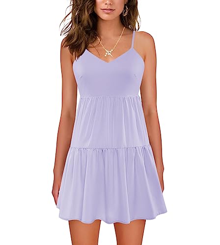 Image of Nova In Sky Womens Summer Mini Dresses Sleeveless Casual V-Neck Sundresses | Spaghetti Strap Casual Boho Mini Dress, Backless Ruffle A Line Mini Swing Skater Dress, Beach, Vacation, Concert, Graduation