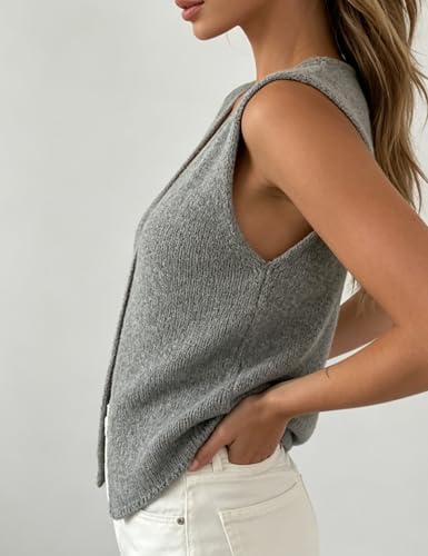 Image of Womens Vintage Knittd Tank Y2k Vest Crop Top Sleeveless V-Neck Open Front Button Crochet Knit Vests Versatile Tops