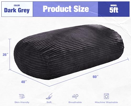 Image of Hobestluk 5FT Bean Bag Chairs Adult Bean Bag with Portable Handle Comfy Large Bean Bag Lounge Chair with Removable Cover for Living Room Bedroom (Stripe Dark Grey, 5FT)