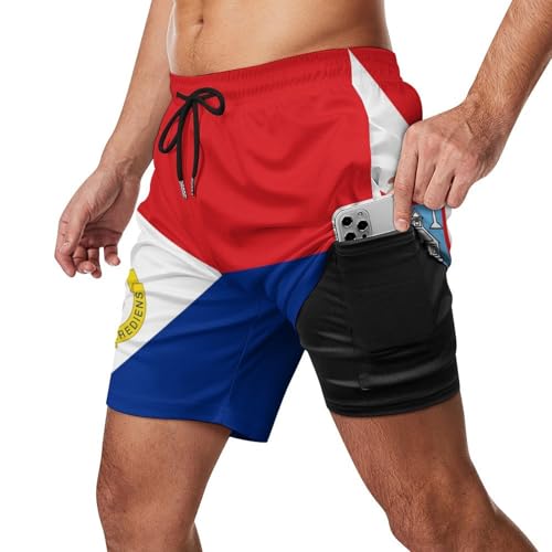 Dutch Saint Martin Flag Men's Beach Shorts with Compression Lining, Quick Dry Stretch Swimsuit