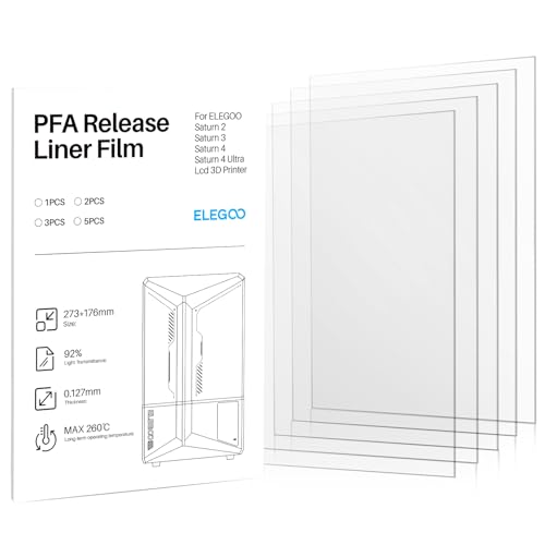 ELEGOO Lots de 5 Film PFA pour Saturn 2, Saturn 3, Saturn 4, Saturn 4 Ultra et Saturn 4 Ultra 16K Imprimante 3D, 273 x 176mm² et 0,127mm d'Épaisseur avec une Fonctionnalité de Libération plus Forte