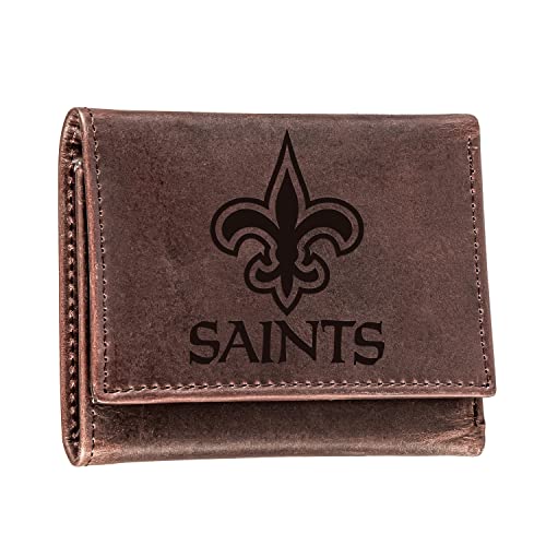 Evergreen Team Sports America NFL New Orleans Saints Brown Wallet | Tri-Fold | Officially Licensed Stamped Logo | Made of Leather | Money and Card Organizer | Gift Box Included