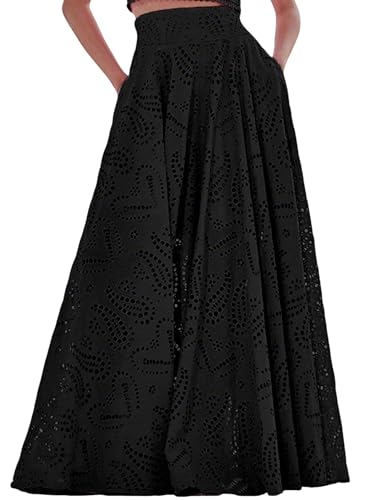 Femfady Black Skirts for Women Long Summer Eyelet Flowy High Waisted A Line Wedding Guest Cocktail Ladies Maxi Skirt S