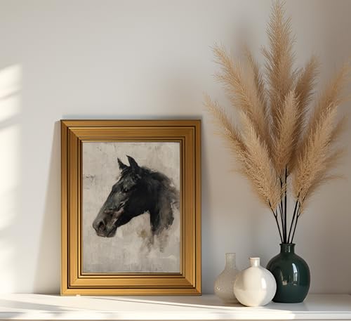 Image of NALEPS Vintage Gold Framed Black Horse Wall Art, Moody Animal Portrait Canvas Painting Picture, Antique Equestrian Decor for Office, Living Room, Bedroom, Damage-Free Ready to Hang, 12x16 in