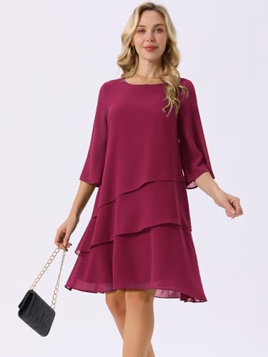 Image of Seta T Women's Chiffon Dresses 3 /4 Bell Sleeve Crewneck Tiered Layered Flowy Dress Party Wedding Outfits