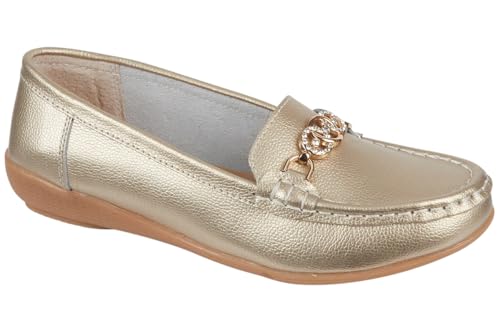 Jo & Joe Ladies Leather Slip On Gold Effect and Diamante Trim Loafers (Gold, UK Footwear Size System, Adult, Women, Numeric, Medium, 8)