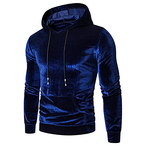 Lincox Men Velvet Velour Swag Hoodies Fashion Slim Warm Solid Sweatshirt Casual Long Sleeve Drawstring Pullover with Pocket Dark Blue X-Large