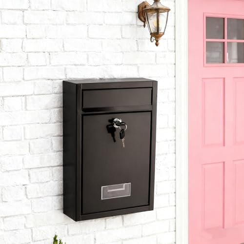 DEAYOU Wall Mount Mailbox, Steel Cover Metal Drop Box, Mail Box with Key Lock, Dropbox with Slot for Envelope, Home, Outside, Office Business, Decor, 12.6" H x 8.5" L x 3.3" W, Black
