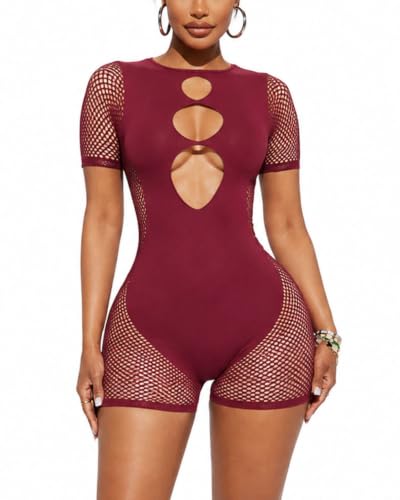Women's Sexy Mesh Romper Short Sleeve Cutout Clubwear Jumpsuit Red Plus