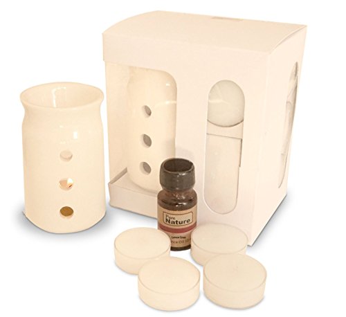 Image of Pure Source India Aroma Set with 10 ML Aroma Oil and 4 Tea Light Candles, Lemon Grass fragnance, Off White