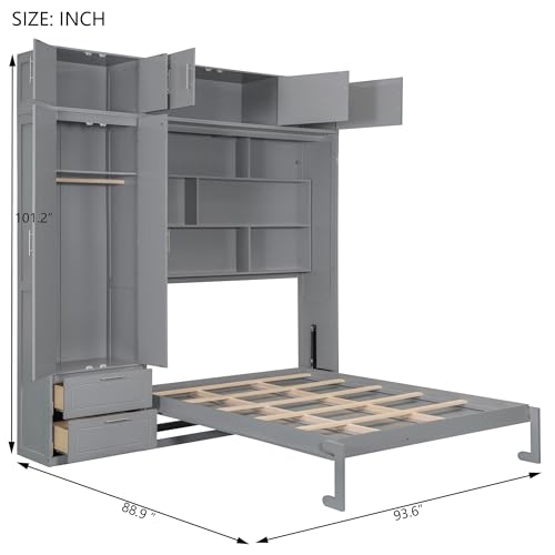 Image of Merax Queen Size Murphy Bed with Shelves, Top Cabinet and Wardrobe, Fold into The Wall, Space-Saving Design Foldable Platform Bed Frame for Bedroom, Guest Room, Home Office, Gray