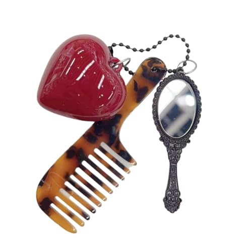 Fashionable Key Ring Leopard Print Comb Keychain with Heart and Makeup Mirror