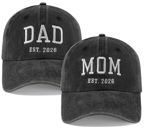 2PCS Mom and Dad Hats Est 2026 for Men Women New Dad Mom Gifts Baseball Cap Fathers Mothers Day New Parents Gifts for Couples Wife Huaband Papa Mama Black Black