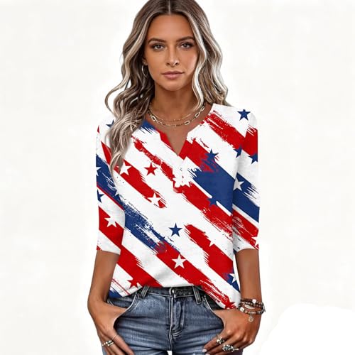 Image of 4th of July Shirts Women 3 /4 Length Sleeve Womens Tops Henley Neck Casual Patriotic T Shirts