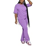 PINSV Womens Sets 2 Piece Outfits Casual Short Sleeve Top and Flare Pants Lounge Sets Tracksuit Purple XXL