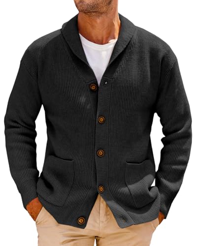 Runcati Mens Shawl Collar Cardigan Sweater Cable Knit Button Down Winter Chunky Sweaters with Pockets Black