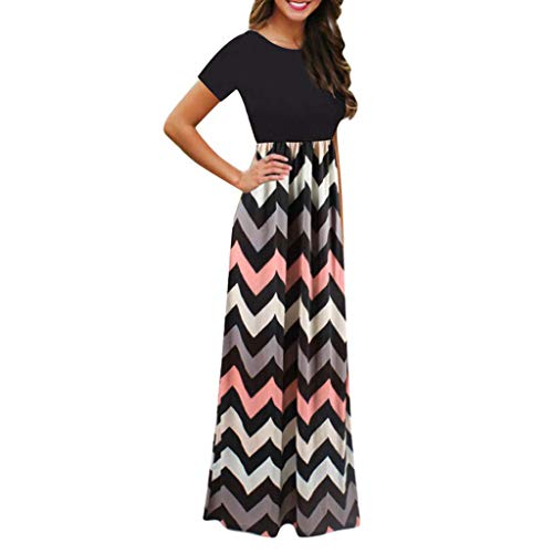MISFAY Women Short Sleeve Loose Plain Maxi Dresses Casual Long Dresses Pockets (Striped Black, M)