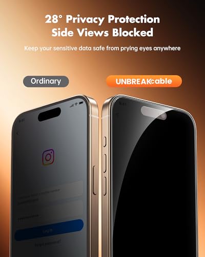 Image of UNBREAKcable Privacy Screen Protector for iPhone 16 Pro, Anti-Spy Shatterproof Tempered Glass [True 28Anti Spy] [9H Hardness] [Easy Installation Frame] Black Protector for iPhone 6.3 inch - 2 Pack