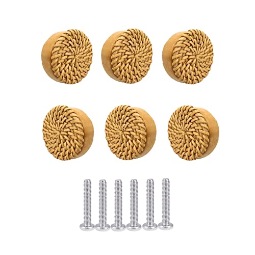 EMITUOFO 6 pièces Boutons de Meuble Rotin,Boutons de Meuble en Bois,Poignée Tiroir en Bois,Boutons de Placards Porte Bois Pour Armoires Placards de Cuisine,Style Bohème Cover