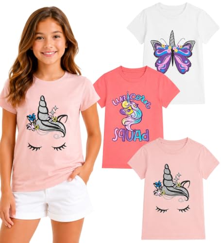 Image of MISS POPULAR Girls 3-Pack Super Soft Short Sleeve T-Shirts Unicorn Butterfly Glitter Print Cute Design| Sizes 7-16