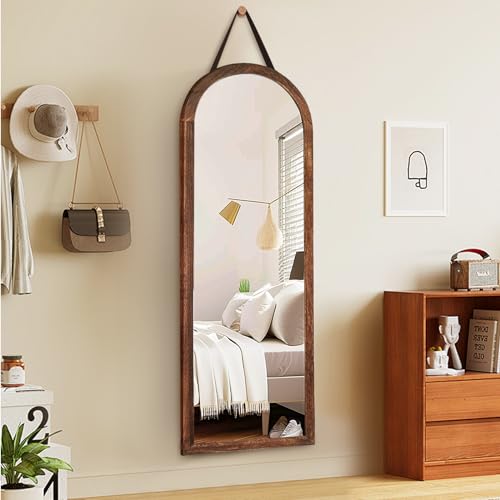 ABSWHLM 16"x48" Arched Full Length Mirror Solid Wood Wall Mirror with Hanging Strap for Living Room Bathroom Bedroom Entryway - Brown