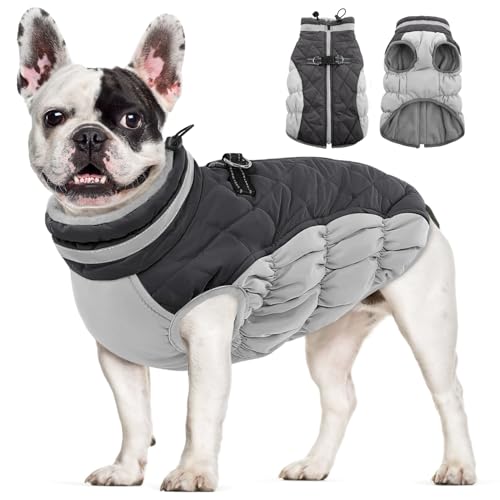 Image of AOFITEE Dog Coat, Warm Dog Jackets for Small Dogs, Dogs Winter Coat with Harness Built in, Reflective Pet Winter Jacket, Waterproof Windproof Puppy Puffer Jacket Fleece Vest, Grey XS