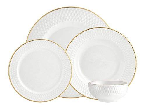 Godinger Dinnerware Set, Dinner & Serving Plates, Salad & Appetizer Plates, Soup & Cereal Bowl, Coffee Mugs, with Gold Rim, 16 Piece Set, Avea Collection