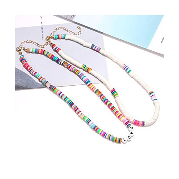 FAERLIIRY-Surfer-Heishi-Layered-Choker-Necklace-Open-Hoop-Earrings-Elastic-Stretch-Bracelet-Set-Lightweight-African-Vinyl-Disc-Bead-Summer-Beach-Jewelry-Set-for-Woman-Girls FAERLIIRY Heishi Letter Alphabet Choker Necklace Beaded Anklets Stackable Stretch Bracelet Set for Woman Girls Rainbow African Vinyl Disc Beads Holiday Vacation Party Beach Surf Jewelry(Style:B)