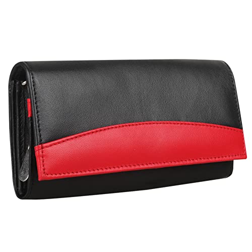 Women's Ladies RFID Blocking Luxury Soft Real Napa Leather Clutch Wallet Long Flapover Purse Black Red 370
